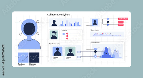 A graphic design element with Pantone color swatches and waveform graphs on a white and blue background, conveying creativity and precision.