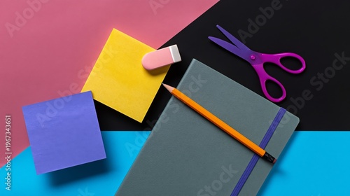 Stationery on a Flat Surface With Colorful Notes, a Notebook, and Scissors in...