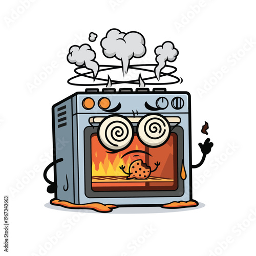 Drunk oven character, burning cookie, smoke, dizziness, funny cooking fail, vector