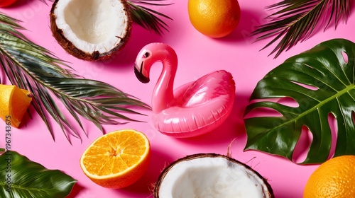 Flamingo Float and Fruit on Bright Background for Summer Fun and Relaxation