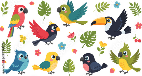 Colorful tropical birds cartoon collection parrot toucan cute jungle animals with leaves vector illustration set