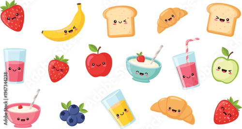 Cute breakfast food cartoon collection strawberry banana bread croissant juice cereal apple blueberry kawaii characters vector illustration set