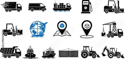 Comprehensive set of logistics and transportation icons featuring cargo ships delivery trucks forklifts global shipping maps and heavy construction machinery silhouettes