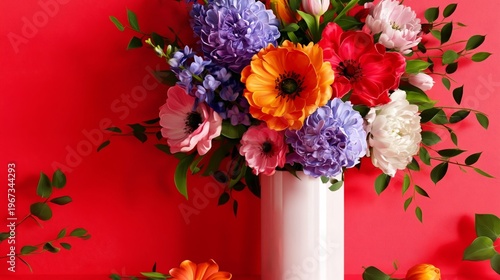 Bright Floral Arrangement in a White Vase Against a Red Background