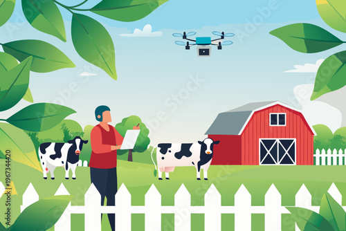 A farmer uses a drone to monitor cattle and a rural landscape