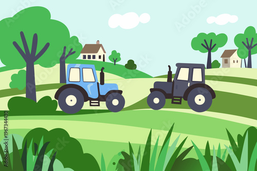A colorful illustration of two tractors in a rural grassy landscape
