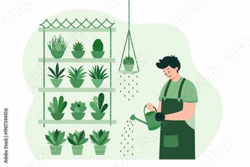 A young man cheerfully waters plants on a shelf and in a hanging pot