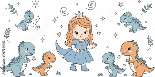 Cute princess with baby dinosaurs cartoon collection fairytale girl and dino characters nursery vector illustration set