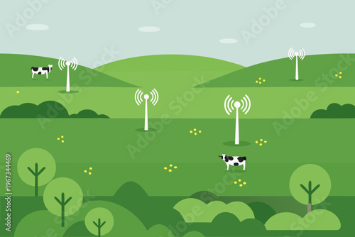 Connected countryside wireless towers and grazing cows in a green landscape