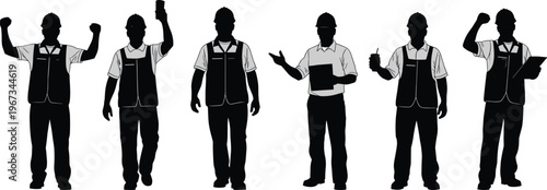 Set of construction worker silhouettes wearing hard hats and safety vests in various poses including celebrating success, holding clipboards, and walking