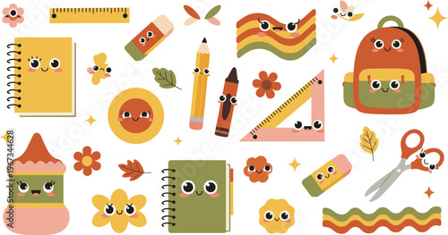 Cute school supplies cartoon collection notebook pencil ruler scissors backpack kawaii education items vector illustration set