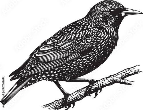 A detailed black and white illustration of a speckled songbird perched on a branch sketch vector illustration