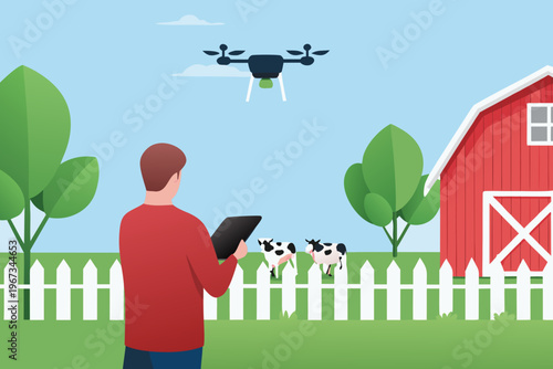 A farmer uses a tablet to control a drone over a rural landscape