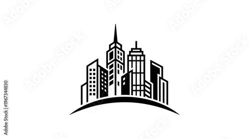 Dynamic city skyline logo with various buildings on a curved base, isolated white background