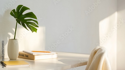 Bright Workspace With Wooden Desk and Chair in a Simple Room With Plants and ...