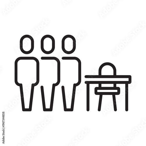 Simple line drawing depicts three people and a desk with a chair