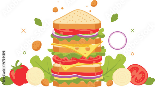 Delicious layered sandwich with cheese tomato lettuce onion ingredients fresh tasty food vector illustration