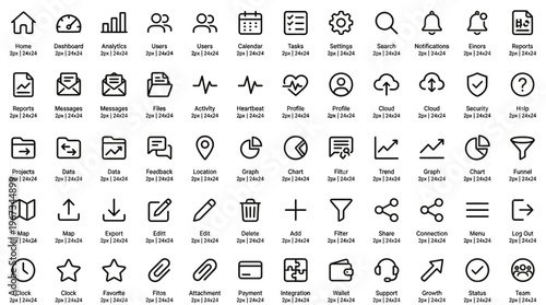 Fotografie Highly Comprehensive Modern Dashboard UI Icon Set, Outline Style and Pixel Perfect on Isolated White Background