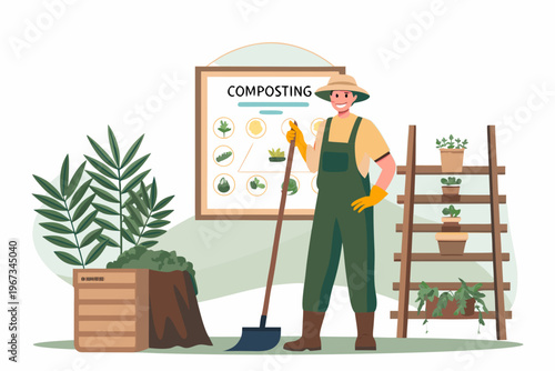 A gardener explains composting and plant growth with a visual aid