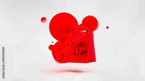 Red Shopping Bag With Discount Sign Against Abstract Background With Red Shap...