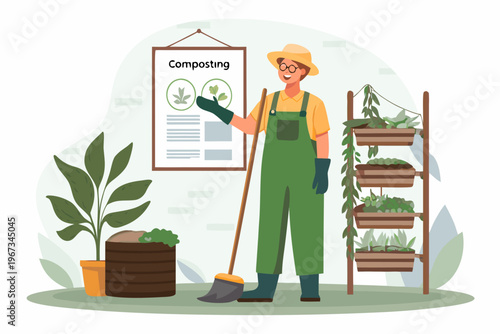 A gardener demonstrates composting methods near plants and a garden setup