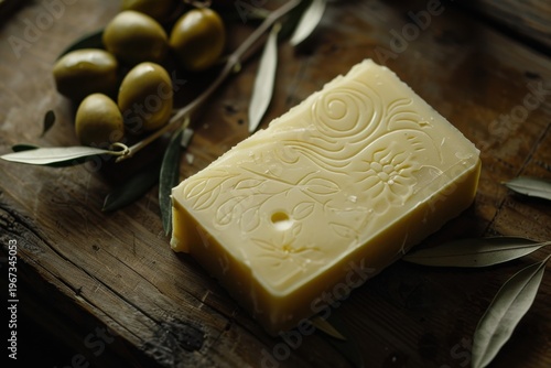 Olive soap made from olives, with an olive branch nearby; the use of olive oil in skincare  