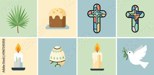 Easter religious symbols collection cross candle dove palm leaf egg bread Christian holiday vector illustration set