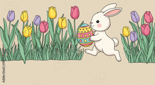 A cute white Easter bunny hopping through a field of colorful tulips, carrying a decorated Easter egg.