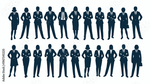 Business people , silhouettes, group of standing business men and businesswomen	

