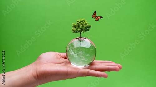 Holding a Globe With a Tree and a Butterfly on a Hand in a Bright Green Backg...