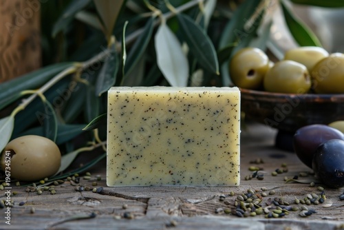 Olive soap made from olives, with an olive branch nearby; the use of olive oil in skincare  