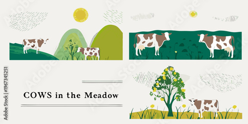 A charming illustration of cows grazing peacefully in a green meadow