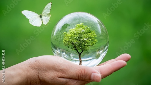 Hand Holding a Glass Sphere With a Small Tree and Butterfly in a Green Setting