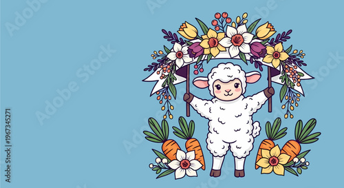Cute cartoon lamb holding a blank banner, surrounded by vibrant spring flowers like daffodils and tulips, with fresh carrots, on a light blue background.