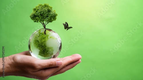 Hand Holding a Glass Sphere With a Small Tree and Butterfly in a Green Setting
