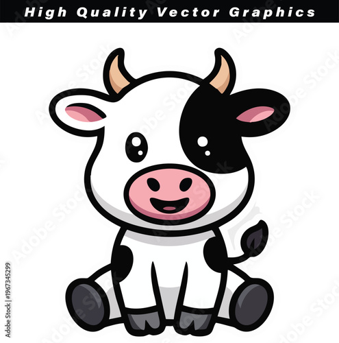 A cute cartoon cow with black and white spots sits contentedly with a friendly smile.