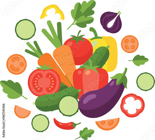 Fresh vegetables composition colorful mix of tomato cucumber carrot eggplant pepper healthy organic food vector illustration
