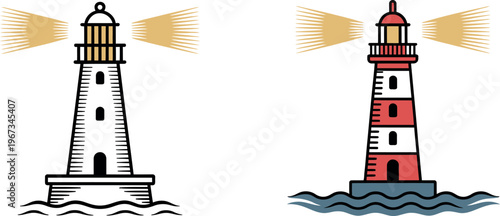 Lighthouse tower icons set with beam of light over ocean waves isolated on transparent background. Vector illustration