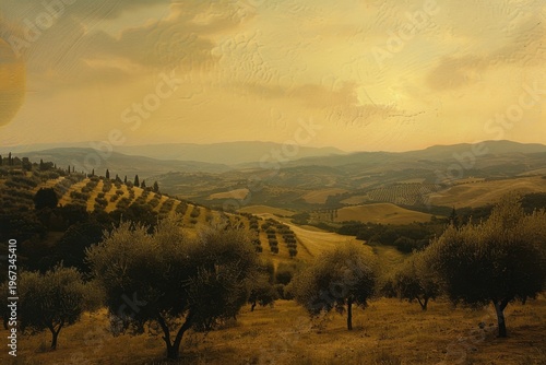 landscape with olive trees on the hills under a warm sky  