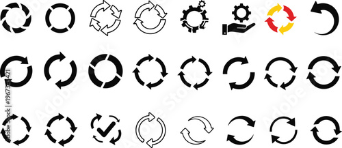 Vector icon set featuring circular arrows refresh symbols and sync signs for digital interfaces data processing workflow management and continuous cycle concepts