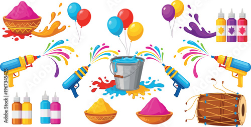Holi festival elements collection colorful powder water guns balloons drum paint splashes traditional celebration vector illustration set