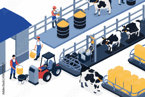 Isometric illustration of a modern dairy farm with workers and cattle