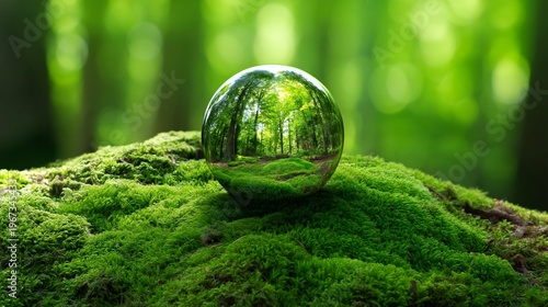 Reflective Sphere on Green Moss in a Dense Forest During Daytime