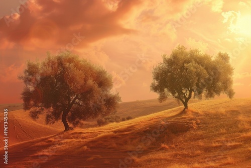 landscape with olive trees on the hills under a warm sky  