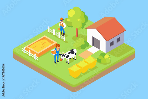 Isometric farm scene depicting people a house and livestock