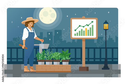 Woman tending plants with a growth chart in a nighttime city scene