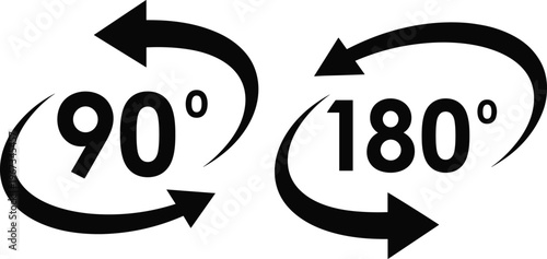 Vector icon set featuring ninety and one hundred eighty degree rotation arrows for digital interface design, photo editing tools, and panoramic view navigation