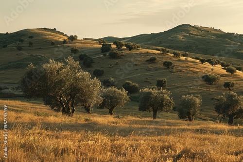 landscape with olive trees on the hills under a warm sky  