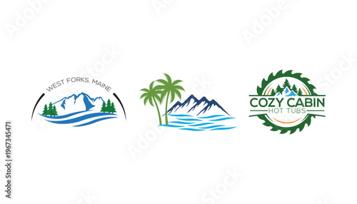 Coastal Nature Logo Set – Palm Tree, Island and Mountain Landscape Design
