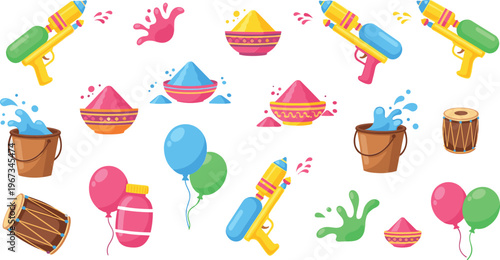 Holi festival elements collection water guns colors powder buckets balloons drum celebration vector illustration set